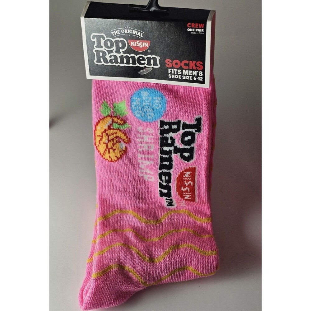 TOP RAMEN Pink Shrimp socks Men's Crew Size 6-12 Shoe Size